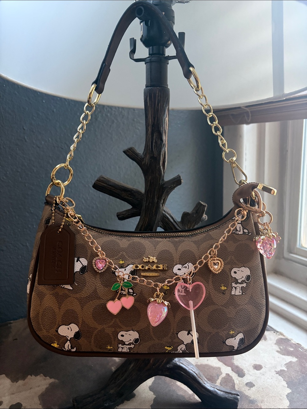 Coach Brown Signature x Peanuts Charm Shoulder Bag with Pink Accents